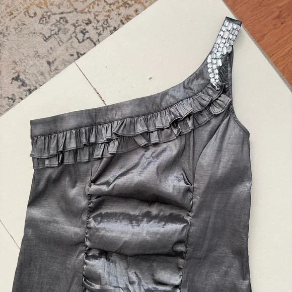 Granada Metallic Silver One-Shoulder Ruched Party Dress Rhinestone Strap Formal - Picture 4 of 6